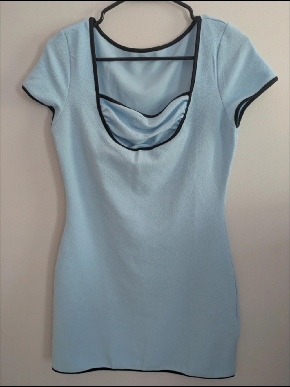 Mini Pencil Dress Blue Size L Black Piping Ruched Bodice Textured